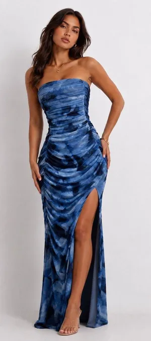 Abercrombie & Fitch Blue Mesh Ruched Strapless Lined Maxi Dress M NWT thumbnail 1