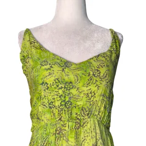 Vintage Lime‎ Green Batik Rayon Tiered Sundress Boho Tropical Midi Dress Artsy thumbnail 2