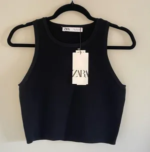 Zara Round Neck Cropped Tank Top, Black, Size L, NWT thumbnail 1