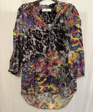 Amanda Uprichard Size Small Multicolor Print Silk‎ 3/4 Sleeve Blouse Top thumbnail 1