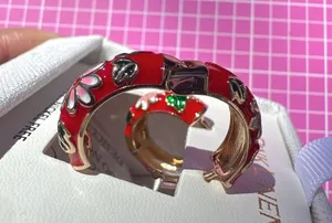 Pink linen round hoop clip earring gold tone red flower loop LEAD SAFE gift box🎁 thumbnail 11