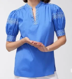 Chico's Poplin Drama Sleeve Top with White‎ Stitching Embroidery Size 12 thumbnail 1