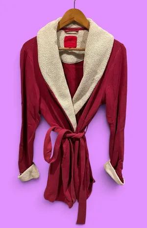 Cute soft Victoria’s Secret fleece trim sweatshirt robe pockets plum wine thumbnail 1