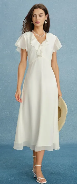 Rihoas Apricot V Neck Ruffle Chiffon Midi Dress thumbnail 1