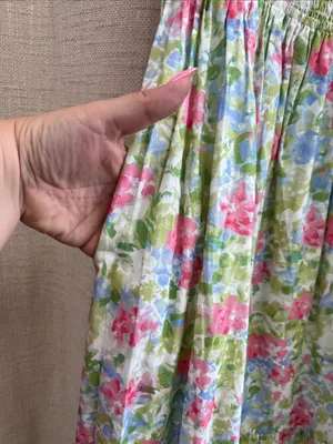 Floral Smocked Tiered Midi Dress Pink Blue Green Print Large thumbnail 11