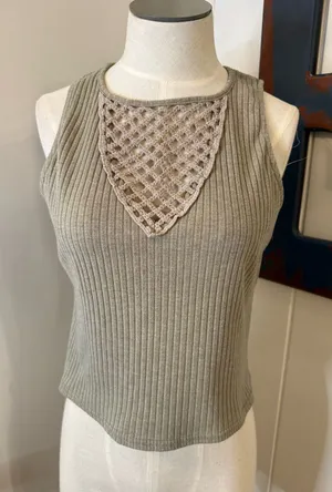 gimmicks by BKE Olive Ribbed Tank with Crochet Yoke thumbnail 1