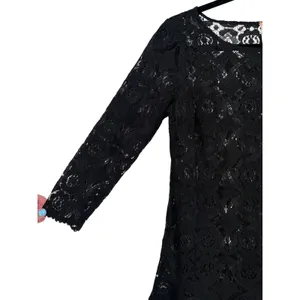 Free People Sheer Floral Lace Mini Dress 3/4 Sleeve Ruffle Hem Black Boho Size 0 thumbnail 11