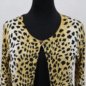 Leopard Animal Print Cardigan Sweater Womens Size M Yellow Black Cheetah thumbnail 8