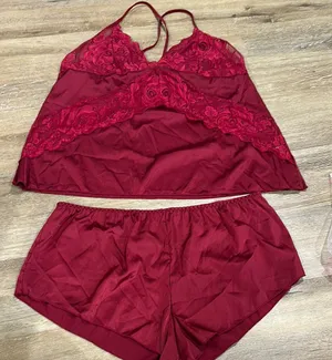 Elegant Red Lace Sleepwear Set - satin - XXL thumbnail 1