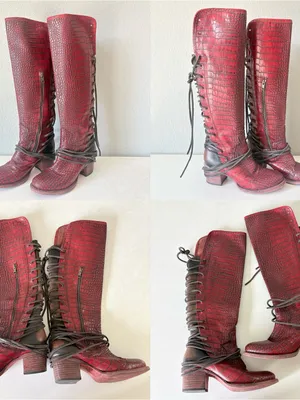 Freebird Coal Red Croco Leather Knee High Boots Zip Lace Up Women’s Size 7 thumbnail 4