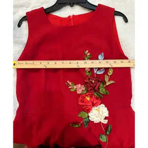 Red Sleeveless Fit and Flare Dress with 3D Ribbon Floral Embroidery Cocktail thumbnail 5