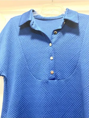 Amazon Boutique Royal Blue Textired Zig Zag Button Front Short Sleeve Mini Dress M thumbnail 6