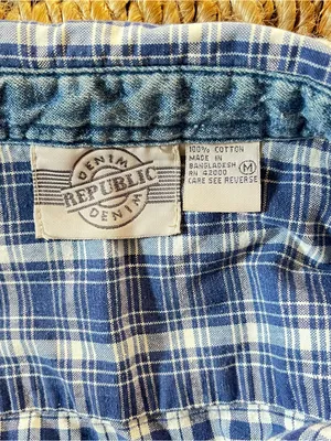 Vintage 100% Cotton Republic Denim Blue Plaid and gingham Button-Up tanktop thumbnail 2