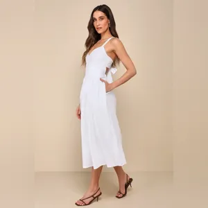 Lulus Strolling Sicily White Pleated Backless Midi Dress With Pockets thumbnail 3