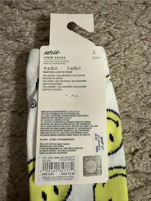 Aerie White Neon Yellow Smiley Face Design Crew Socks NWT thumbnail 6