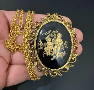 Vintage Unsigned Victorian Revival Cherubs Gemini Zodiac Cameo Pendant Necklace thumbnail 10