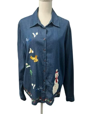 Karen Scott Embroidered Appliqué Winter Holiday Light Denim Shirt Snowman XL thumbnail 2