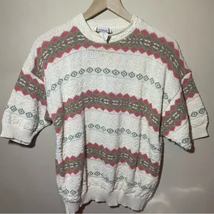 Vintage Textured Scoop Neck Sweater - White with Pink & Sage Pattern thumbnail 1