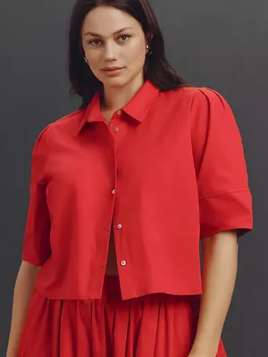 Maeve Lantern Sleeve Red Cropped Button-Front Shirt XS thumbnail 1