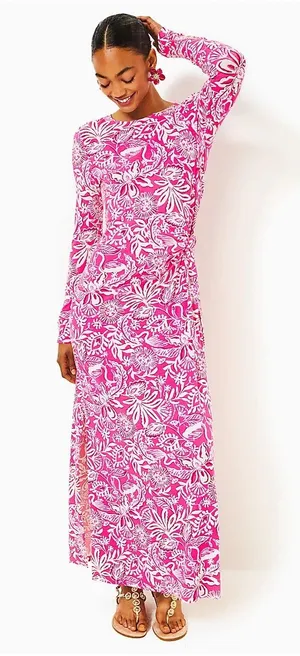 Lilly Pulitzer BRYSON LONG SLEEVE MAXI DRESS, PASSION FRUIT PINK ABSOLUTELY FLAM thumbnail 1
