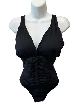 Miraclesuit Cinched Tummy One piece Swimsuit Sz 14 Black Ruched Slimming Summer thumbnail 1