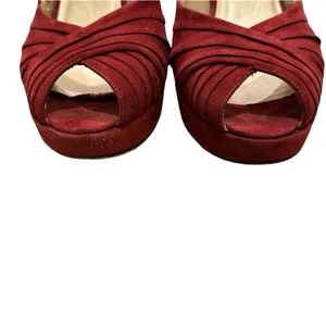 Burgundy Red Pleated Suede Peep Toe Platform Slingback Pumps 8M thumbnail 7