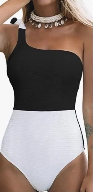 CUPSHE One Piece Swimsuit Color Block One Shoulder Bowknot Bathing Suit … thumbnail 1
