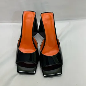 Elegant Black Patent Leather Heels Women 8.5 W/Triangle‎ Chunky Heel Slip On thumbnail 3