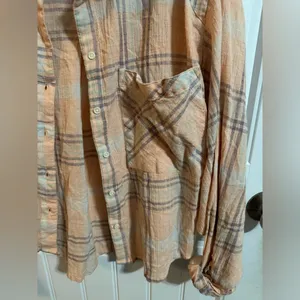 Free People Cotton Cropped Plaid Coral Light Pink Peach Button Down thumbnail 4