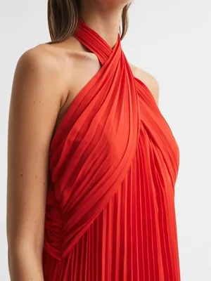Reiss NWT ROYA HALTER NECK PLEAT Red MIDI DRESS thumbnail 5
