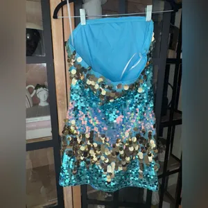 Mermaid core sequin dress mini bodycon strapless discs metallic shiny iridescent thumbnail 4