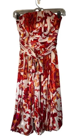 Red & White Strapless Floral Formal Belted Waist Knee Length Dress Women Sz S thumbnail 1