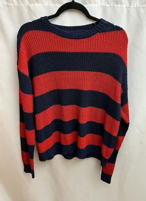 Source Unknown Red Navy Blue Striped Chunky Knit Oversized Sweater Long Sleeve Size L thumbnail 1