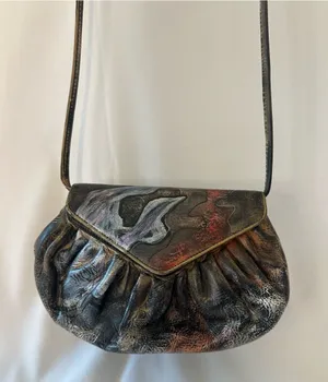 Artistic Black Leather Shoulder Bag with Multicolor Painted Accents Gray thumbnail 1