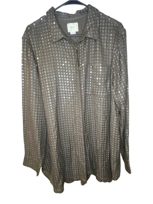 Maeve Anthropologie Olive Green Sequin Covered Oversized Long Sleeve Button Down thumbnail 1