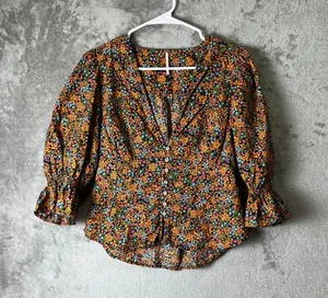Free People Floral‎ Peplum Blouse Women's Small Puff Sleeve Button Front Boho thumbnail 1