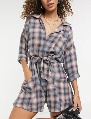 Free People Before I Let Go Plaid Romper Oversized Size Small thumbnail 1