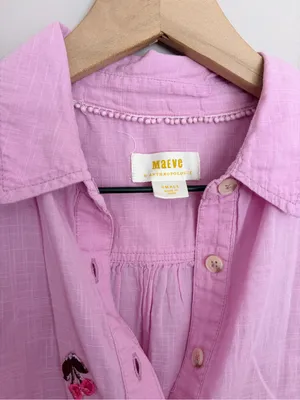 Maeve Anthropologie Fruit Short Sleeve Button Down Cherry Pink thumbnail 4