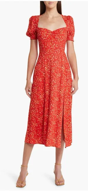 Reformation Lacey Smocked Sleeve Red Floral Midi Dress with Puff Sleeves thumbnail 1