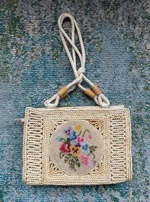 Vintage straw floral crochet tote purse thumbnail 1