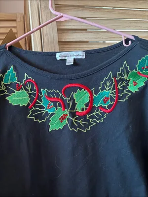 Marisa Christina Black Embroidered Holiday Top with Red and Green Accents Large thumbnail 2