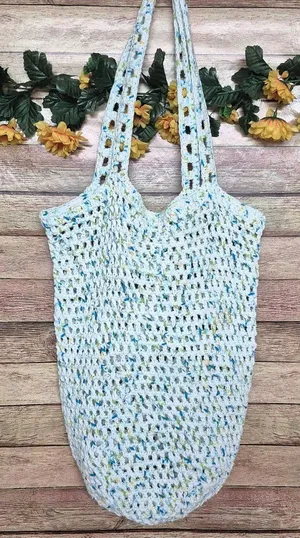 Handmade Crochet Tote Bag White Blue Green Boho Beach Market Shoulder Purse thumbnail 1