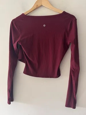 Lululemon Nulu Ribbed Wrap-Front Long Sleeve Shirt Heart Sleeve Burgundy Bay thumbnail 5
