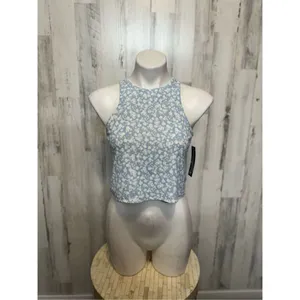 Freshman Blue Floral Halter Crop Top Open Back Tie Blouse Size L thumbnail 6