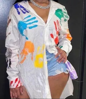 Button down blouse. Multicolored handprints. NWOT. Small thumbnail 1