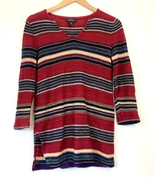 RALPH LAUREN JEANS CO LRL Red Navy Blue Striped Cotton Linen 3/4 Sleeve Sweater thumbnail 1