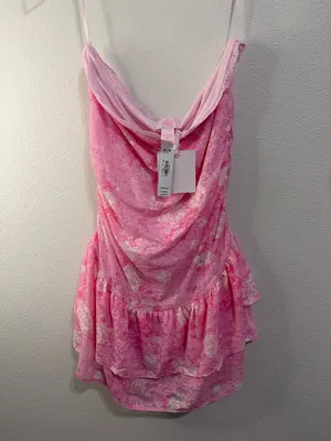 Strapless Pink Floral Ruched Ruffle Mini Dress in Everblooming Pink thumbnail 6