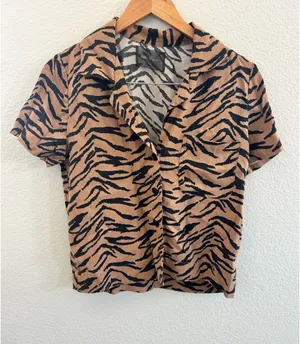 Reformation Button Down Short Sleeve Tiger Print Top thumbnail 1