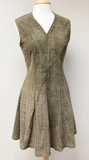 Olive Green Laser Cut Faux Suede Fit & Flare Dress Small thumbnail 1