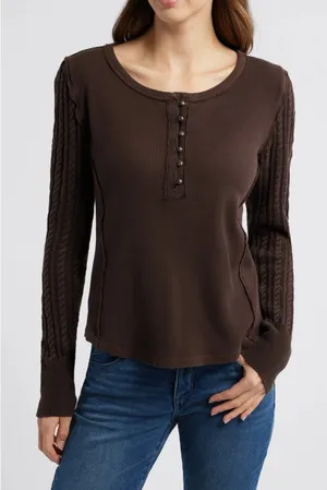 Lucky Brand Chocolate Brown Cable-Sleeve Henley Top Size XL thumbnail 1